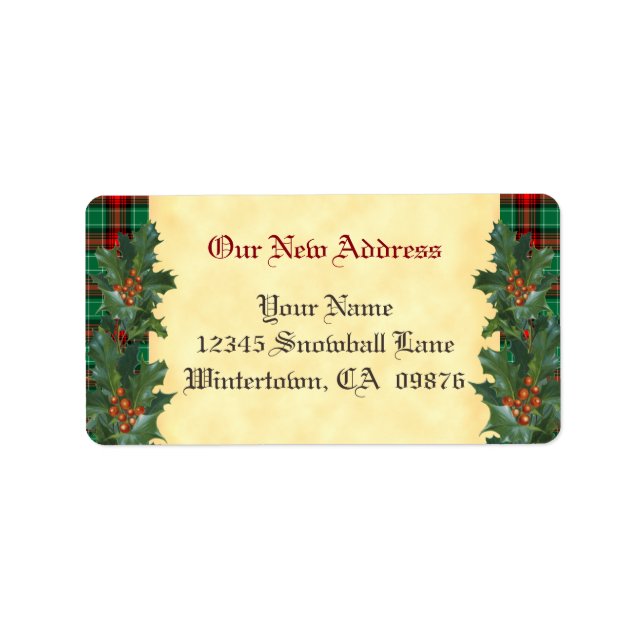 Holly Red Green Plaid Holiday Custom New Address Label (Front)