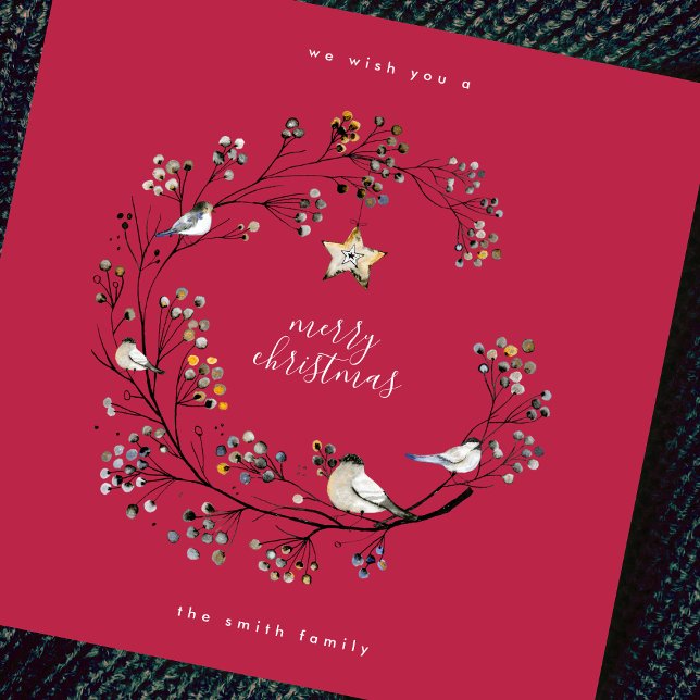 Holly Red Minimal Square Flat Merry Christmas Star Holiday Card (also available in other colors and size options or edit the existing template)