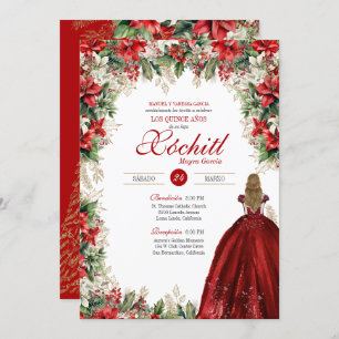 Holly Red White Green Winter Holiday Quinceañera Invitation