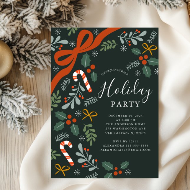 Holly Ribbon Bow Holiday Party Invitation (Creator Uploaded)