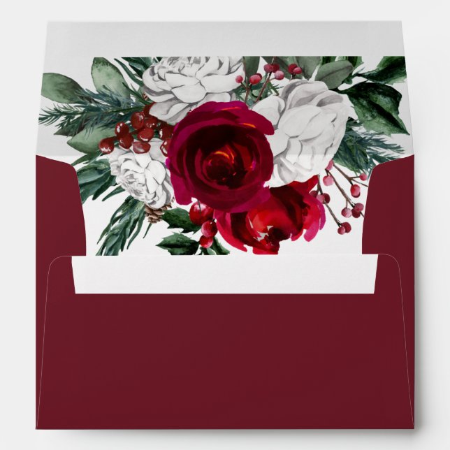 HOLLY Rich Burgundy Watercolor Floral Christmas Envelope (Back (Bottom))