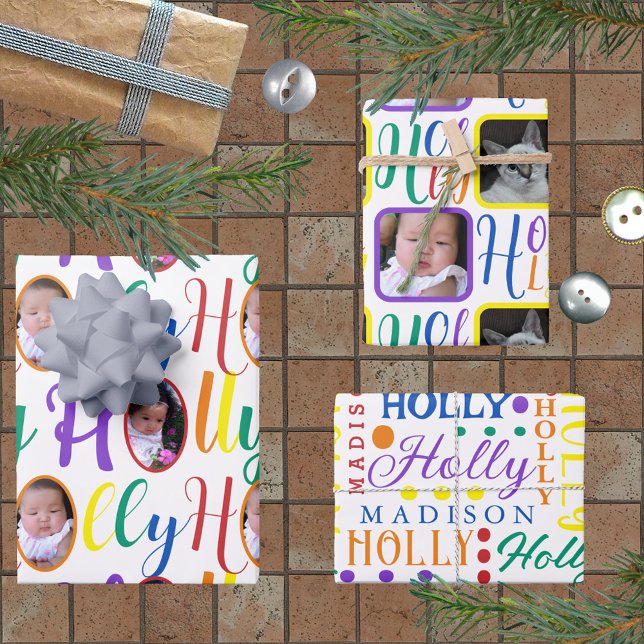 HOLLY Script Rainbow On White 4 Photo Christmas Wr Wrapping Paper Sheet (Creator Uploaded)