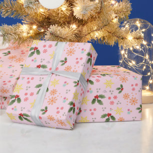 Holly & Snowflakes on Piggy Pink Christmas Wrapping Paper