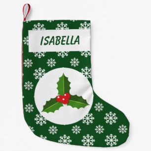 Holly Snowflakes Personalised Green Small Christmas Stocking