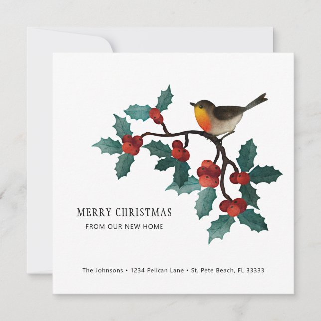 Holly Sprigs and Berries Christmas Moving Home Announcement (Front)