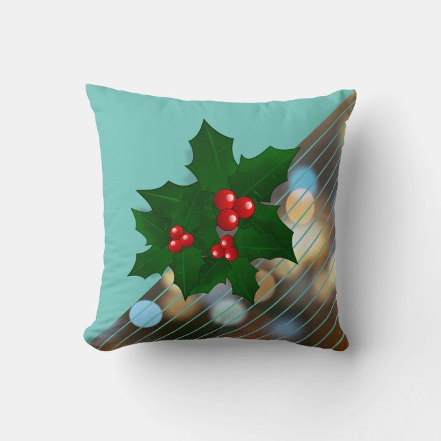 Holly Tree Berries Christmas Holiday Stripe Cushion (Front)