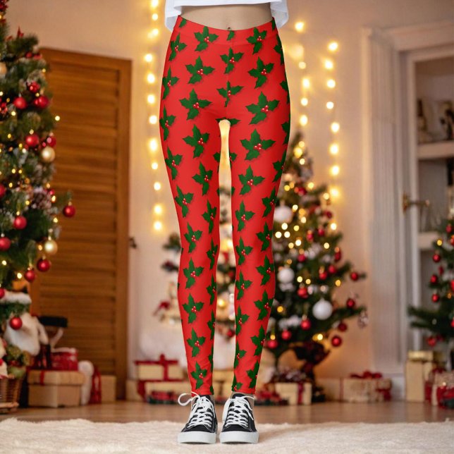 Holly Tree Berries Pattern Christmas Holiday Leggings (Creator Uploaded)