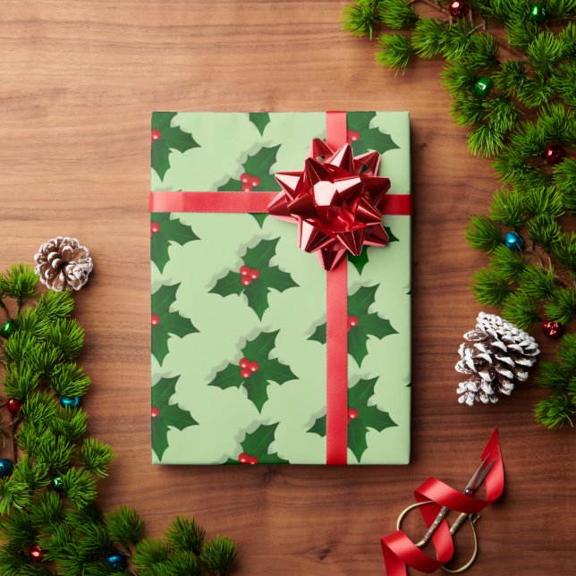 Holly Tree Berries Pattern Christmas Holiday Wrapping Paper (Holiday Gift)