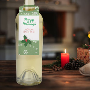 Holly Tree Berry Green Snowflakes Custom Christmas Bottle Tag