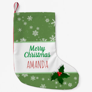 Holly Tree Berry Green Snowflakes Name Christmas Small Christmas Stocking