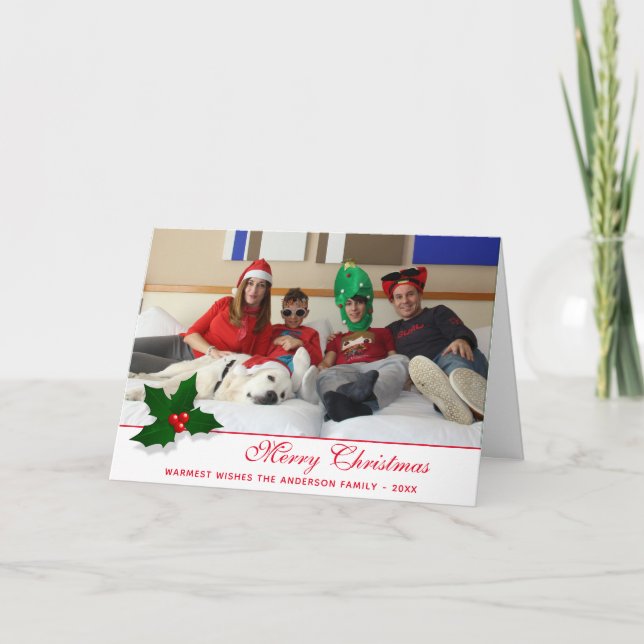 Holly Tree Berry Merry Christmas Family Photo  Holiday Card (Front)