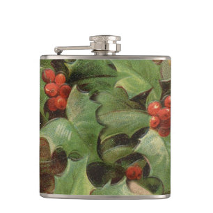 Holly Tree Christmas Holiday Vintage Hip Flask