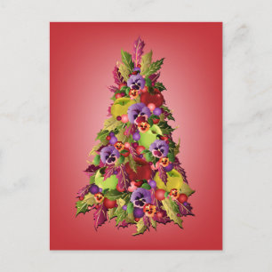 Holly Tree with Apples and Pansies Pink Christmas Holiday Postcard