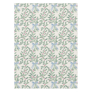 Holly Vine Blue Bow Christmas Tablecloth Cream Bot