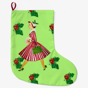 holly vintage christmas lady large christmas stocking