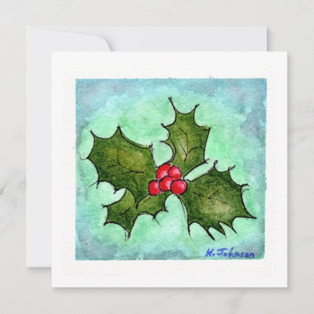 Holly Watercolor Christmas Card (Front)