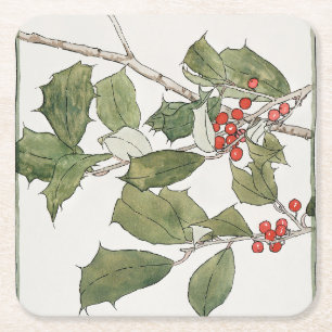 Holly Watercolor Painting, Hannah Borger Overbeck Square Paper Coaster