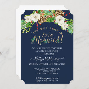 Holly White Floral Navy Christmas Bridal Shower Invitation