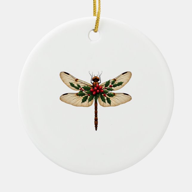 Holly Winged Dragonfly Ceramic Ornament (Front)