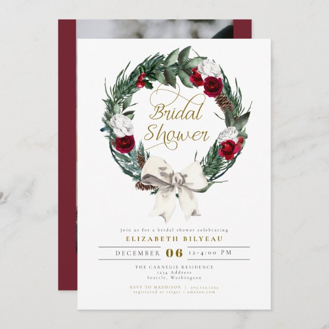 HOLLY Winter Christmas Burgundy Bridal Shower  Invitation (Front/Back)