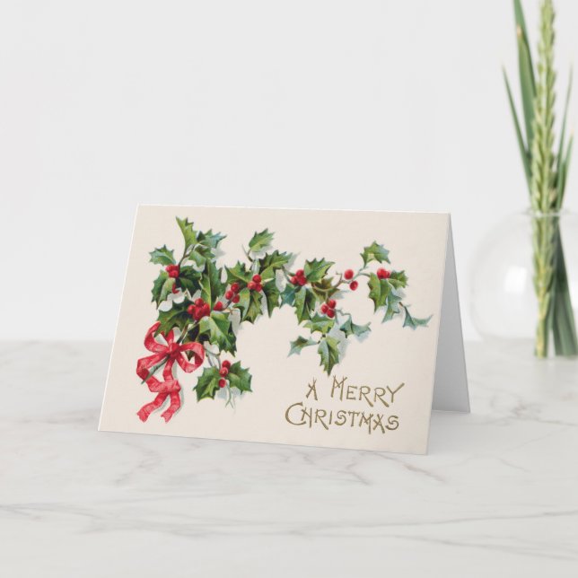Holly Winterberry Red Ribbon Holiday Card (Front)