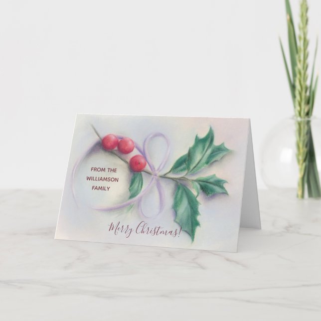 Holly with Bow Pastel Personalised Christmas Holiday Card (Front)