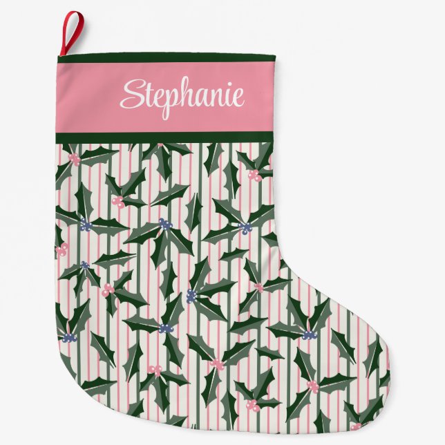 Holly with Name Large Christmas Stocking (Front)