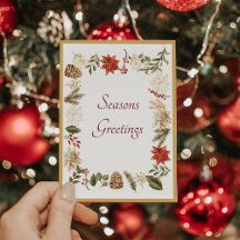 Holly With poinsettias Seasons Greetings card