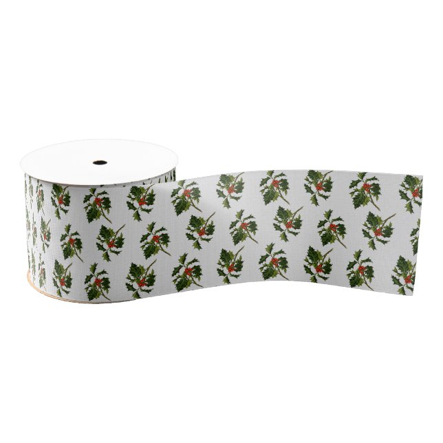Holly with Red Berries on Ivory Texture Grosgrain Ribbon (Spool)