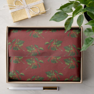 Holly with Red Berries on Textured Background Tissue Paper