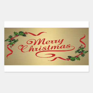 Holly with Ribbons on Gold Rectangular Sticker