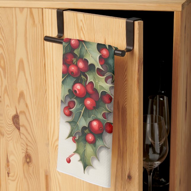Holly with Vibrant Red Berries Tea Towel (Thirds Fold)