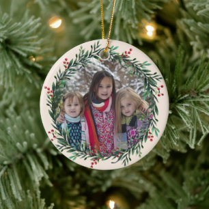 Holly Wreath Add your Own photo Christmas Ceramic Ornament