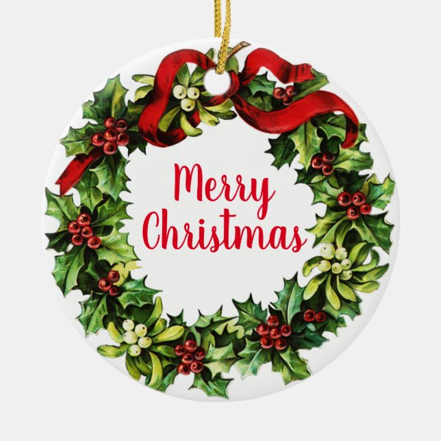 Holly Wreath and Calligraphy Ceramic Ornament (Front)