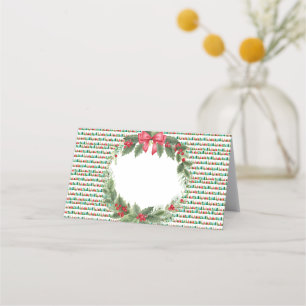 Holly wreath and trees place card