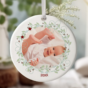 Holly Wreath - Baby Boy First Christmas Photo Ceramic Ornament