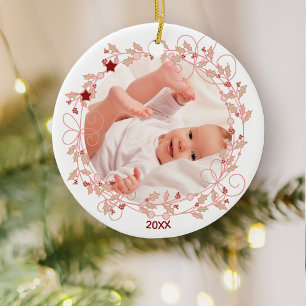 Holly Wreath - Baby Girl First Christmas Photo Ceramic Ornament