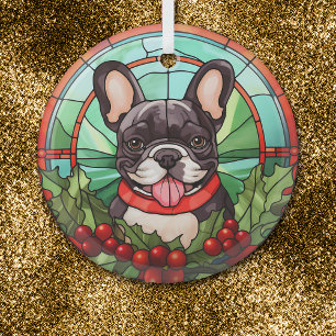 Holly Wreath Black White French Bulldog Glass Tree Decoration