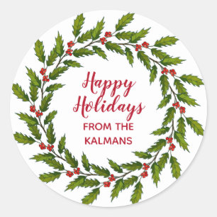Holly Wreath Christmas Design Sticker Label