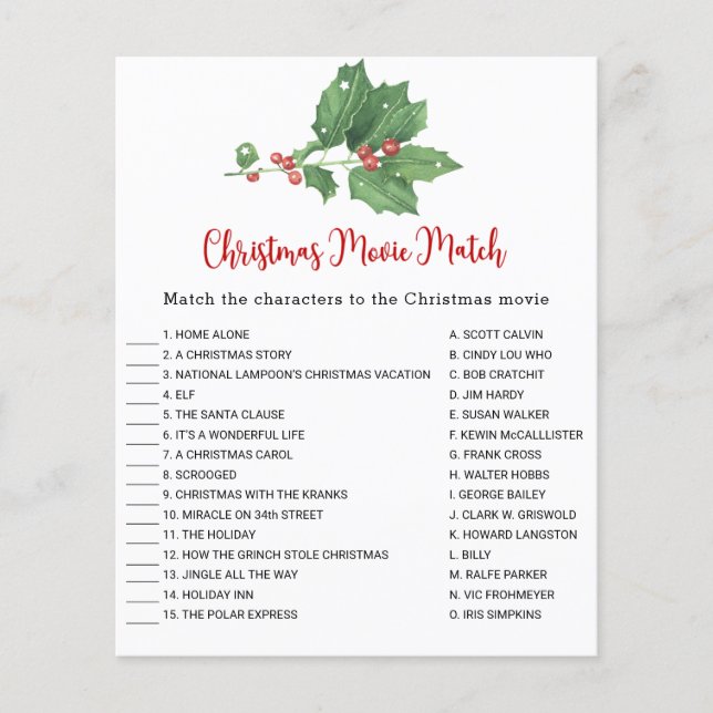 Holly Wreath Christmas Movie Match Game Card (Front)