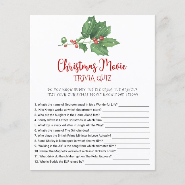 Holly Wreath Christmas Movie TRIVIA QUIZ Game Card (Front)