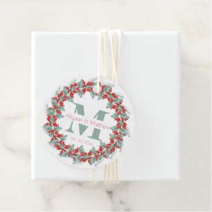Holly Wreath Christmas Wedding Monogram Name Favour Tags