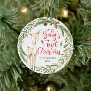 Holly Wreath Deer Baby's First Christmas Photo Ceramic Ornament