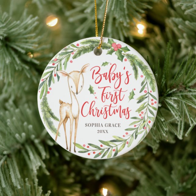 Holly Wreath Deer Baby's First Christmas Photo Ceramic Ornament (Tree)