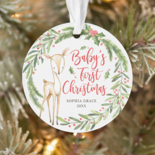 Holly Wreath Deer Baby's First Christmas Photo Ornament