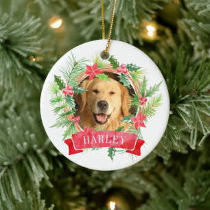Holly Wreath Dog Photo Ceramic Ornament