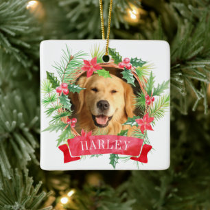Holly Wreath Dog Photo Ceramic Ornament