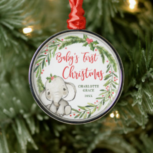 Holly Wreath Elephant Baby's First Christmas Metal Ornament