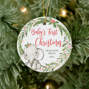 Holly Wreath Elephant Baby's First Christmas Photo Ceramic Ornament