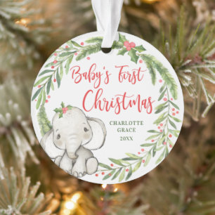 Holly Wreath Elephant Baby's First Christmas Photo Ornament
